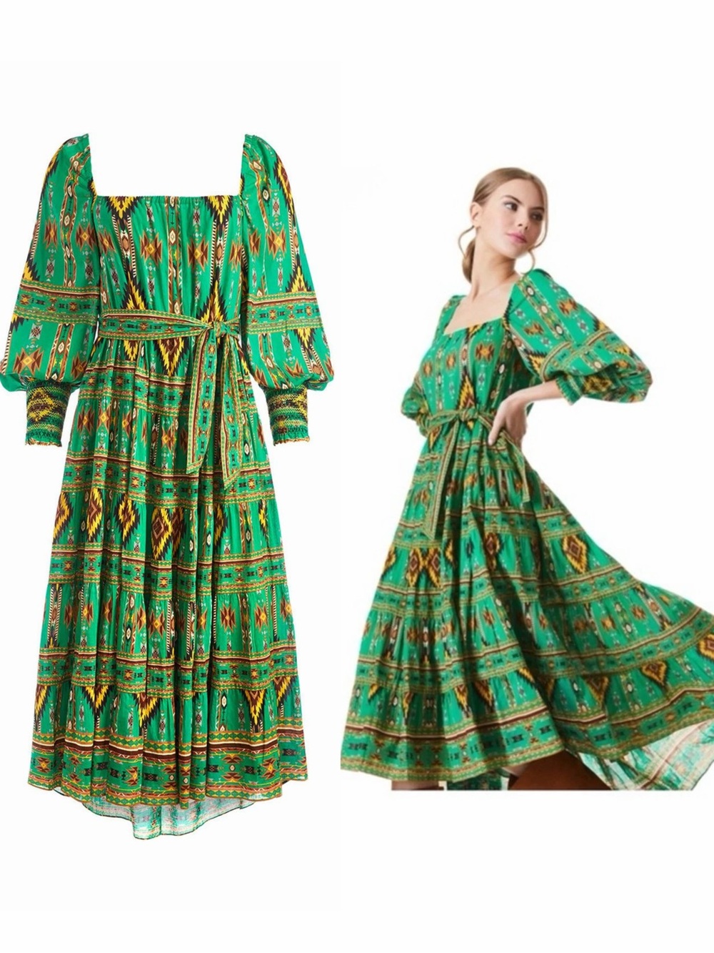 Alice + Olivia Emerald Ikat Rowen Tiered High Low Midi Dress S